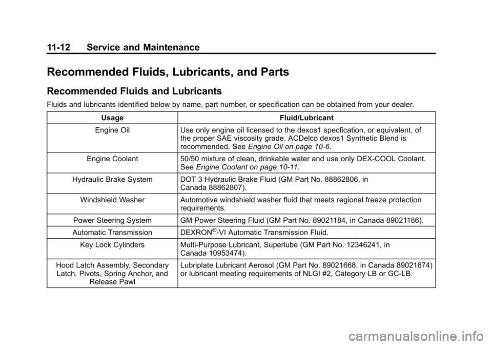 CHEVROLET IMPALA 2013 9.G Owners Manual Black plate (12,1)Chevrolet Impala Owner Manual - 2013 - crc - 8/27/12
11-12 Service and Maintenance
Recommended Fluids, Lubricants, and Parts
Recommended Fluids and Lubricants
Fluids and lubricants i CHEVROLET IMPALA 2013 9.G Owners Manual Black plate (12,1)Chevrolet Impala Owner Manual - 2013 - crc - 8/27/12
11-12 Service and Maintenance
Recommended Fluids, Lubricants, and Parts
Recommended Fluids and Lubricants
Fluids and lubricants i