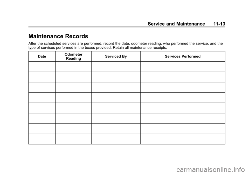 CHEVROLET IMPALA 2015 10.G Owners Manual Black plate (13,1)Chevrolet Impala Owner Manual (GMNA-Localizing-U.S./Canada-7576026) -
2015 - crc 2nd edition - 8/21/14
Service and Maintenance 11-13
Maintenance Records
After the scheduled services 