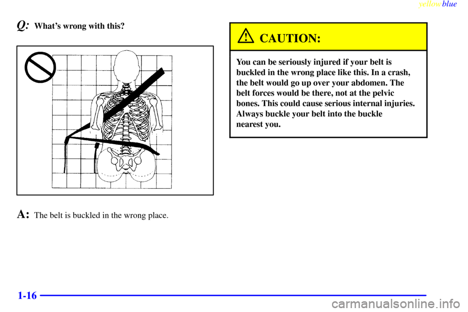 CHEVROLET LUMINA 1999 2.G Owners Manual yellowblue     
1-16
Q:Whats wrong with this?
A:The belt is buckled in the wrong place.
CAUTION:
You can be seriously injured if your belt is
buckled in the wrong place like this. In a crash,
the bel