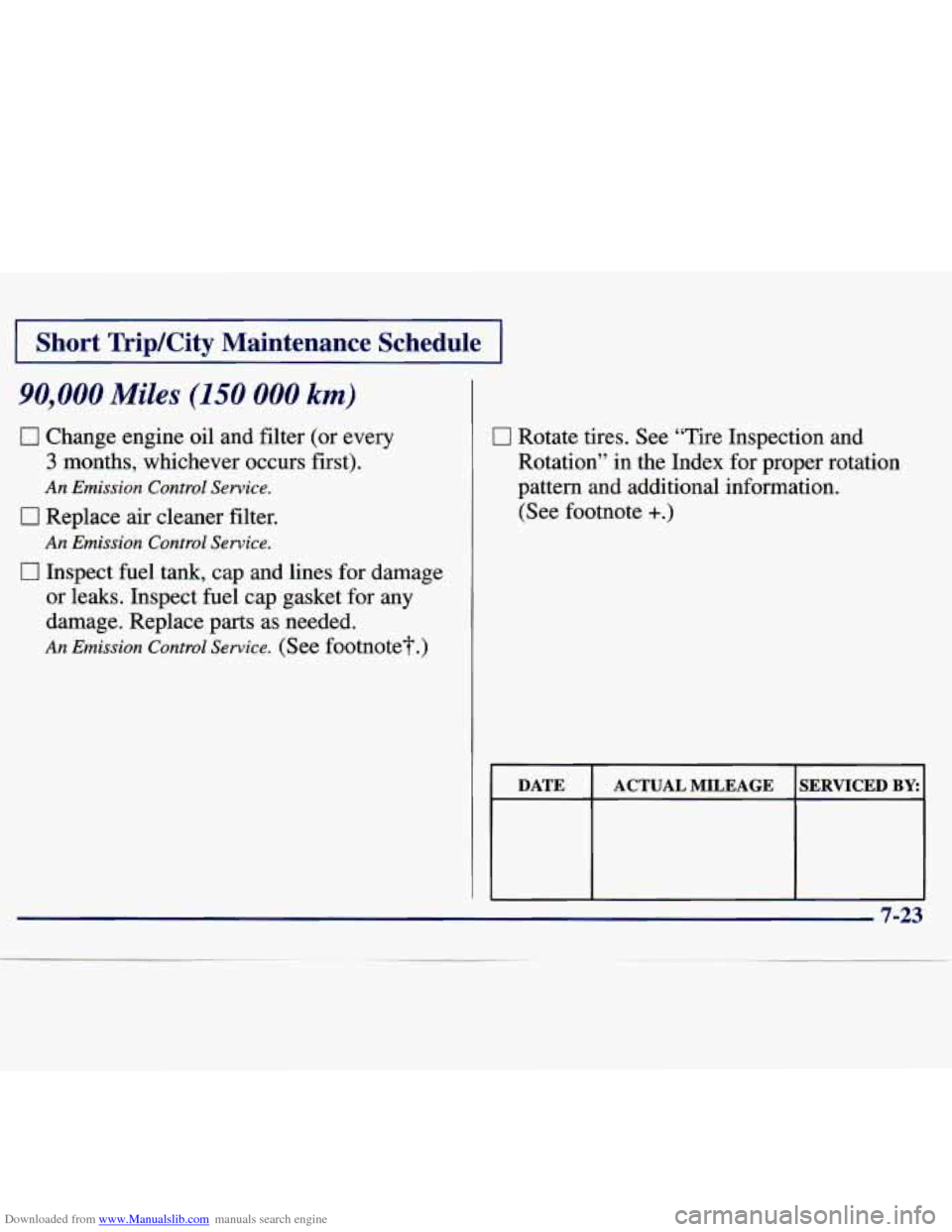 CHEVROLET MALIBU 1997 5.G Owners Manual Downloaded from www.Manualslib.com manuals search engine I Short  Trip/City  Maintenance  Schedule I 
90,000 Miles (150 000 km) 
0 Change  engine oil and  filter  (or  every 
3 months,  whichever  occ