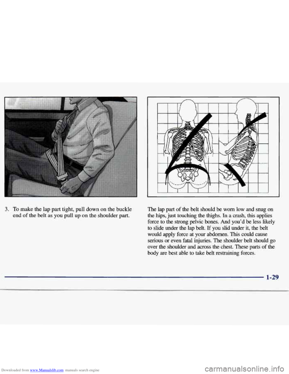 CHEVROLET MALIBU 1997 5.G Owners Manual Downloaded from www.Manualslib.com manuals search engine I 
3. To make the lap  part  tight,  pull  down  on the  buckle 
end 
of the  belt  as you  pull  up on the  shoulder  part.  The  lap  part  o