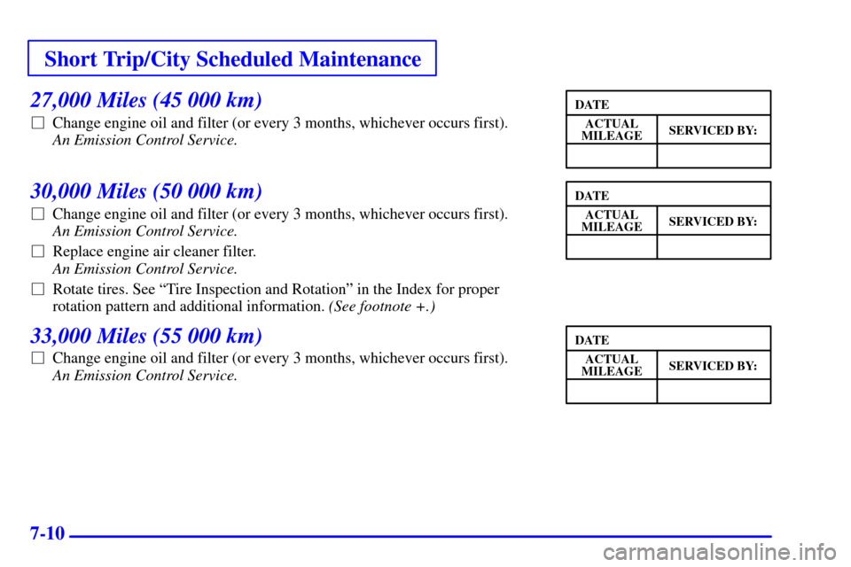 CHEVROLET MALIBU 2000 5.G Owners Manual Short Trip/City Scheduled Maintenance
7-10
27,000 Miles (45 000 km)
Change engine oil and filter (or every 3 months, whichever occurs first). 
An Emission Control Service. 
30,000 Miles (50 000 km)

