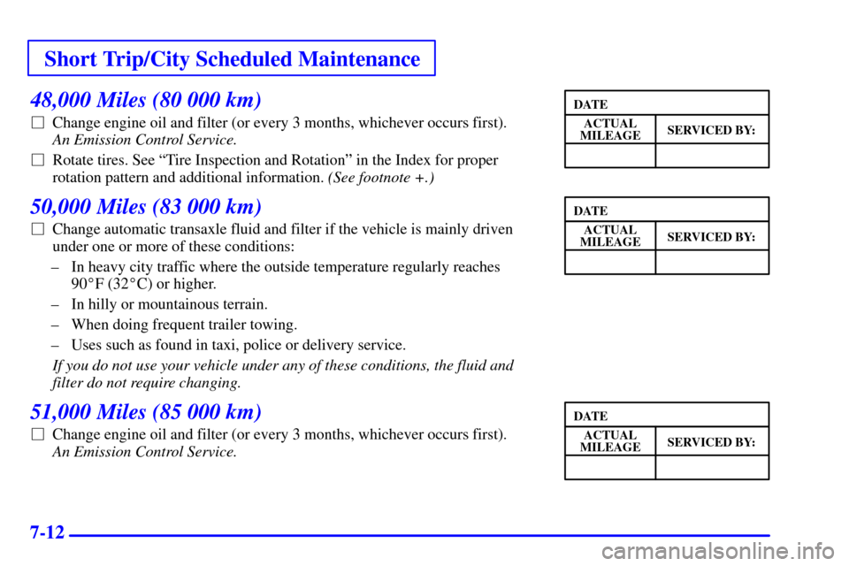 CHEVROLET MALIBU 2000 5.G Owners Manual Short Trip/City Scheduled Maintenance
7-12
48,000 Miles (80 000 km)
Change engine oil and filter (or every 3 months, whichever occurs first).
An Emission Control Service.
Rotate tires. See ªTire CHEVROLET MALIBU 2000 5.G Owners Manual Short Trip/City Scheduled Maintenance
7-12
48,000 Miles (80 000 km)
Change engine oil and filter (or every 3 months, whichever occurs first).
An Emission Control Service.
Rotate tires. See ªTire
