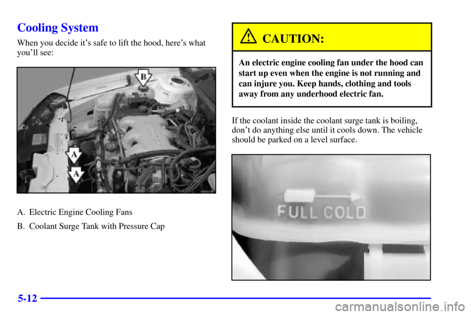 CHEVROLET MALIBU 2002 5.G Owners Manual 5-12
Cooling System
When you decide its safe to lift the hood, heres what
youll see:
A. Electric Engine Cooling Fans
B. Coolant Surge Tank with Pressure Cap
CAUTION:
An electric engine cooling fan 