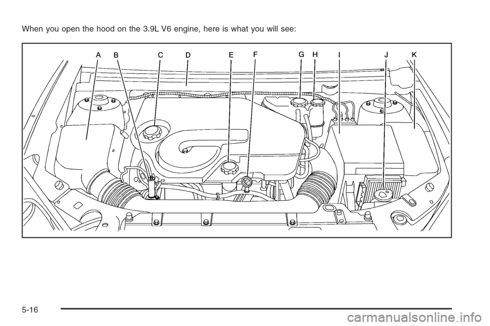 CHEVROLET MALIBU 2006 6.G Owners Manual When you open the hood on the 3.9L V6 engine, here is what you will see:
5-16 