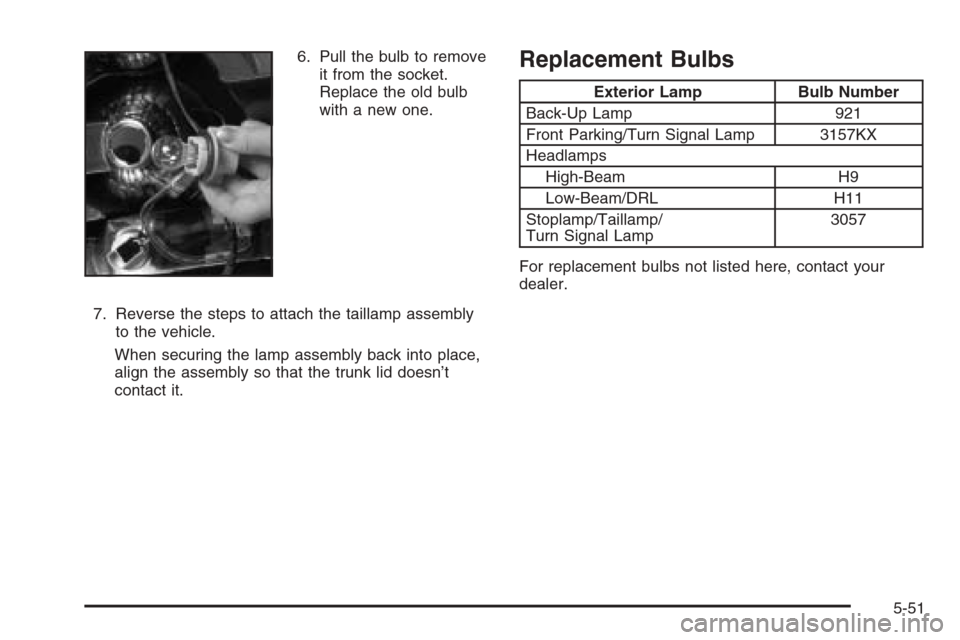 CHEVROLET MALIBU 2006 6.G Owners Manual 6. Pull the bulb to remove
it from the socket.
Replace the old bulb
with a new one.
7. Reverse the steps to attach the taillamp assembly
to the vehicle.
When securing the lamp assembly back into place