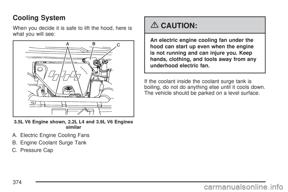 CHEVROLET MALIBU 2007 6.G Owners Manual Cooling System
When you decide it is safe to lift the hood, here is
what you will see:
A. Electric Engine Cooling Fans
B. Engine Coolant Surge Tank
C. Pressure Cap{CAUTION:
An electric engine cooling 
