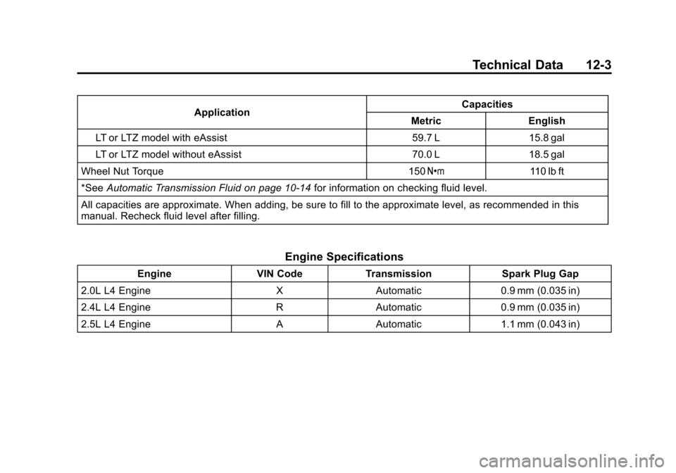CHEVROLET MALIBU 2013 8.G Owners Manual Black plate (3,1)Chevrolet Malibu Owner Manual - 2013 - CRC - 6/6/12
Technical Data 12-3
ApplicationCapacities
Metric English
LT or LTZ model with eAssist 59.7 L 15.8 gal
LT or LTZ model without eAssi