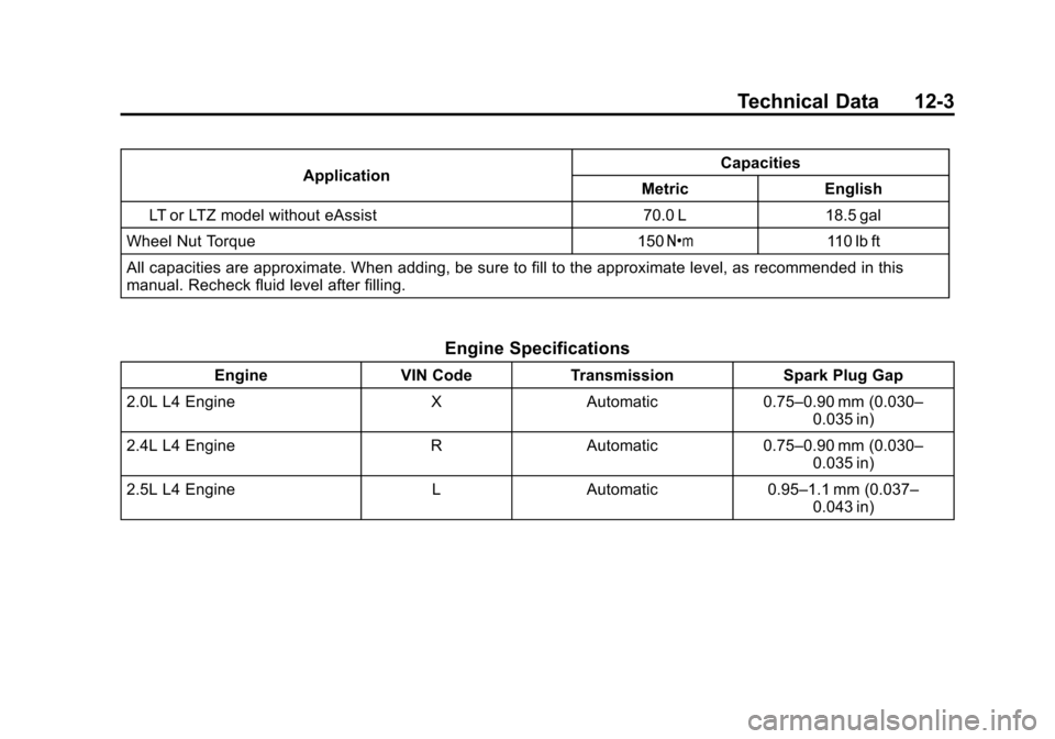 CHEVROLET MALIBU 2014 8.G Owners Manual Black plate (3,1)Chevrolet Malibu Owner Manual (GMNA-Localizing-U.S./Canada/Mexico-
6081487) - 2014 - CRC - 11/19/13
Technical Data 12-3
ApplicationCapacities
Metric English
LT or LTZ model without eA