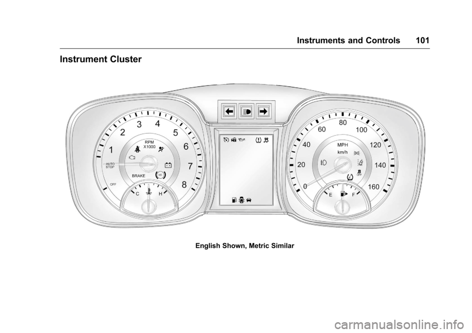 CHEVROLET MALIBU LIMITED 2016 8.G Owners Manual Chevrolet Malibu Limited Owner Manual (GMNA-Localizing-U.S/Canada-
9086425) - 2016 - crc - 7/30/15
Instruments and Controls 101
Instrument Cluster
English Shown, Metric Similar 
