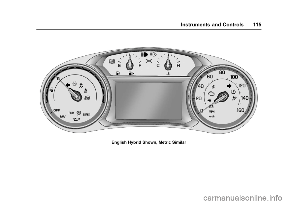 CHEVROLET MALIBU 2017 9.G Owners Manual Chevrolet Malibu Owner Manual (GMNA-Localizing-U.S./Canada/Mexico-10122664) - 2017 - crc - 5/23/16
Instruments and Controls 115
English Hybrid Shown, Metric Similar 