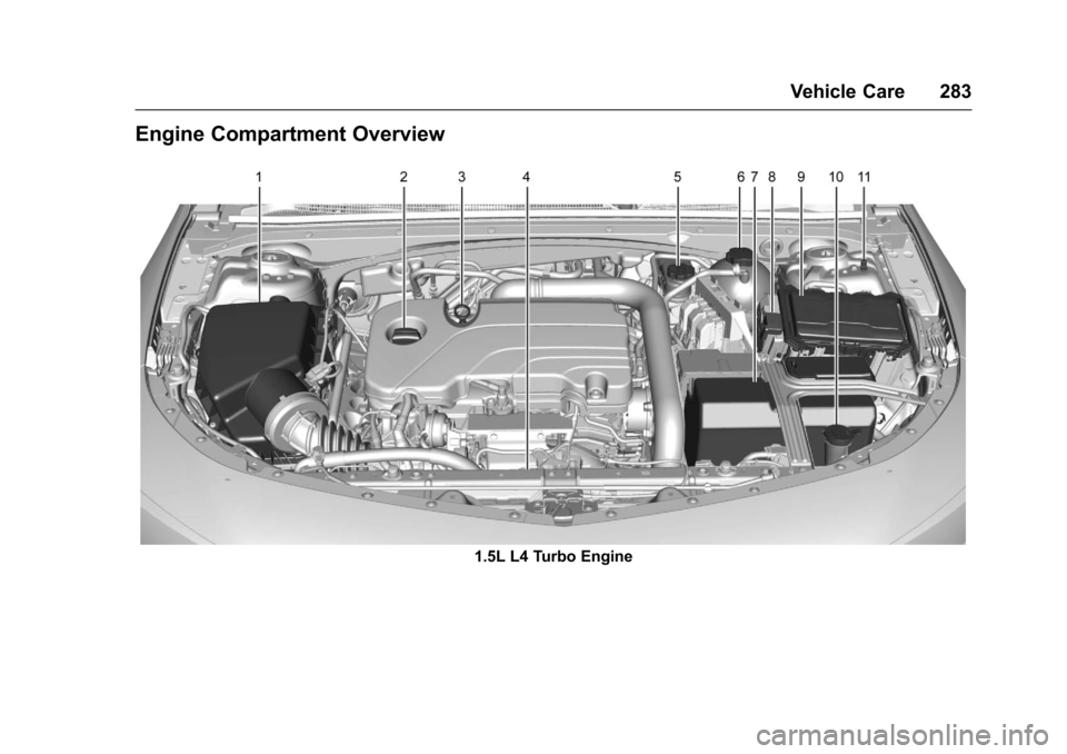 CHEVROLET MALIBU 2017 9.G Owners Manual Chevrolet Malibu Owner Manual (GMNA-Localizing-U.S./Canada/Mexico-10122664) - 2017 - crc - 5/23/16
Vehicle Care 283
Engine Compartment Overview
1.5L L4 Turbo Engine 