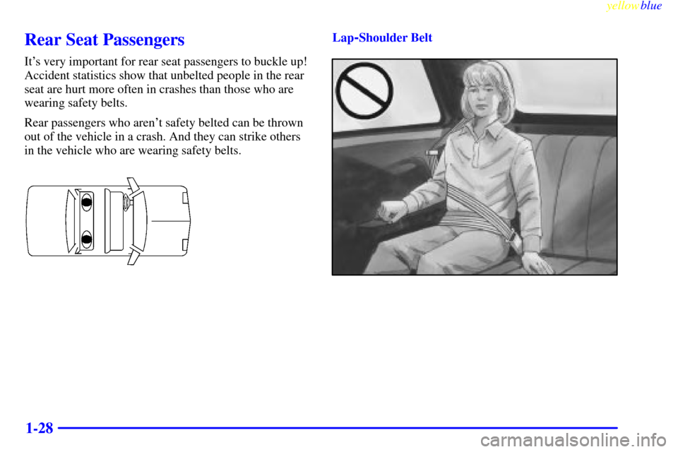 CHEVROLET METRO 1999 2.G Owners Manual yellowblue     
1-28
Rear Seat Passengers
Its very important for rear seat passengers to buckle up!
Accident statistics show that unbelted people in the rear
seat are hurt more often in crashes than 