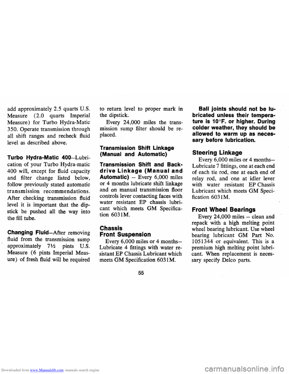 CHEVROLET MONTE CARLO 1973 2.G Owners Manual Downloaded from www.Manualslib.com manuals search engine add approximately  2.5  quarts U.S. 
Measure (2.0 quarts  Imperial 
Measure)  for Turbo  Hydra-Matic 
350. Operate  transmission  through 
all 