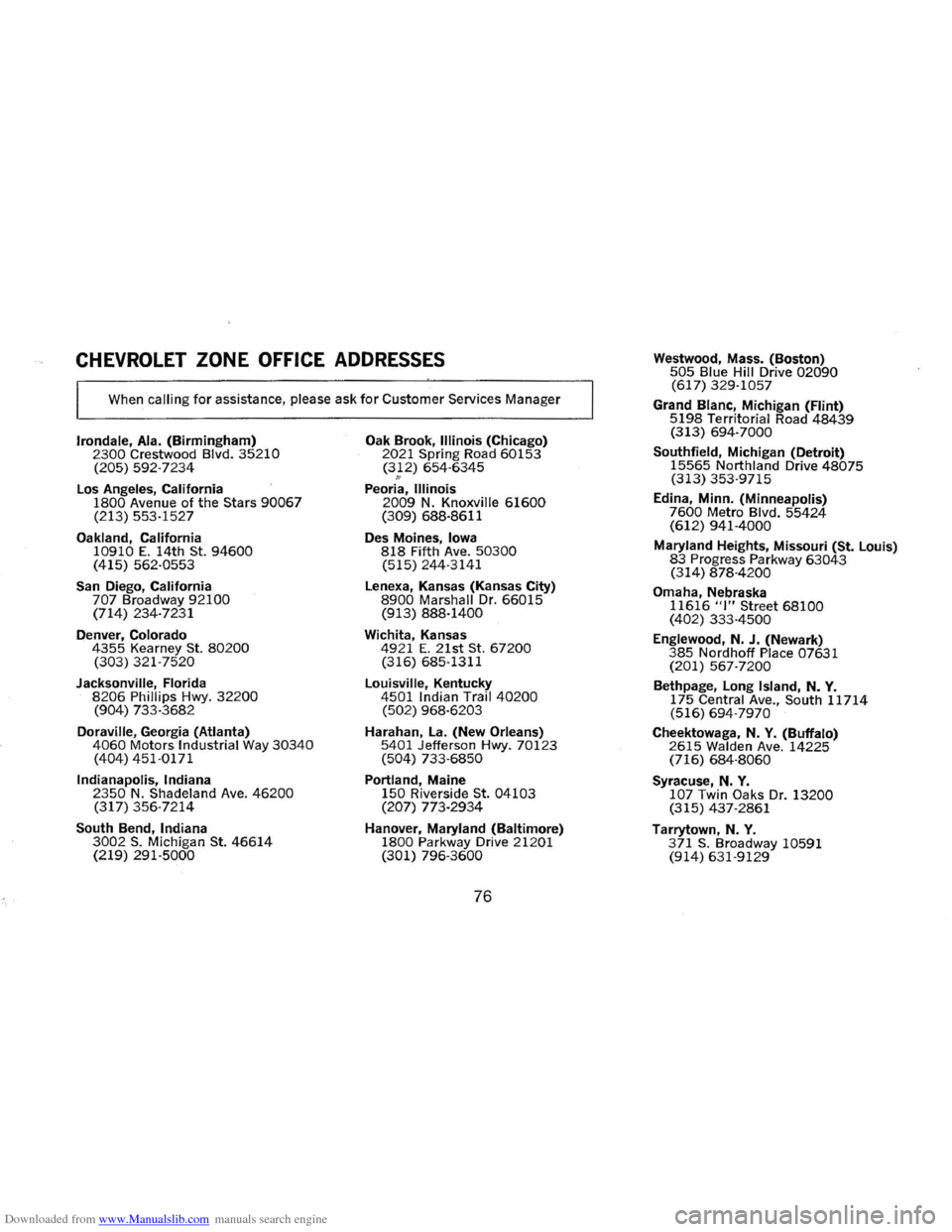 CHEVROLET MONTE CARLO 1973 2.G Owners Manual Downloaded from www.Manualslib.com manuals search engine CHEVROLET ZONE OFFICE ADDRESSES 
When calling for assistance, please ask for Customer Services Manager 
Irondale,  Ala. (Birmingham) 2300 Crest