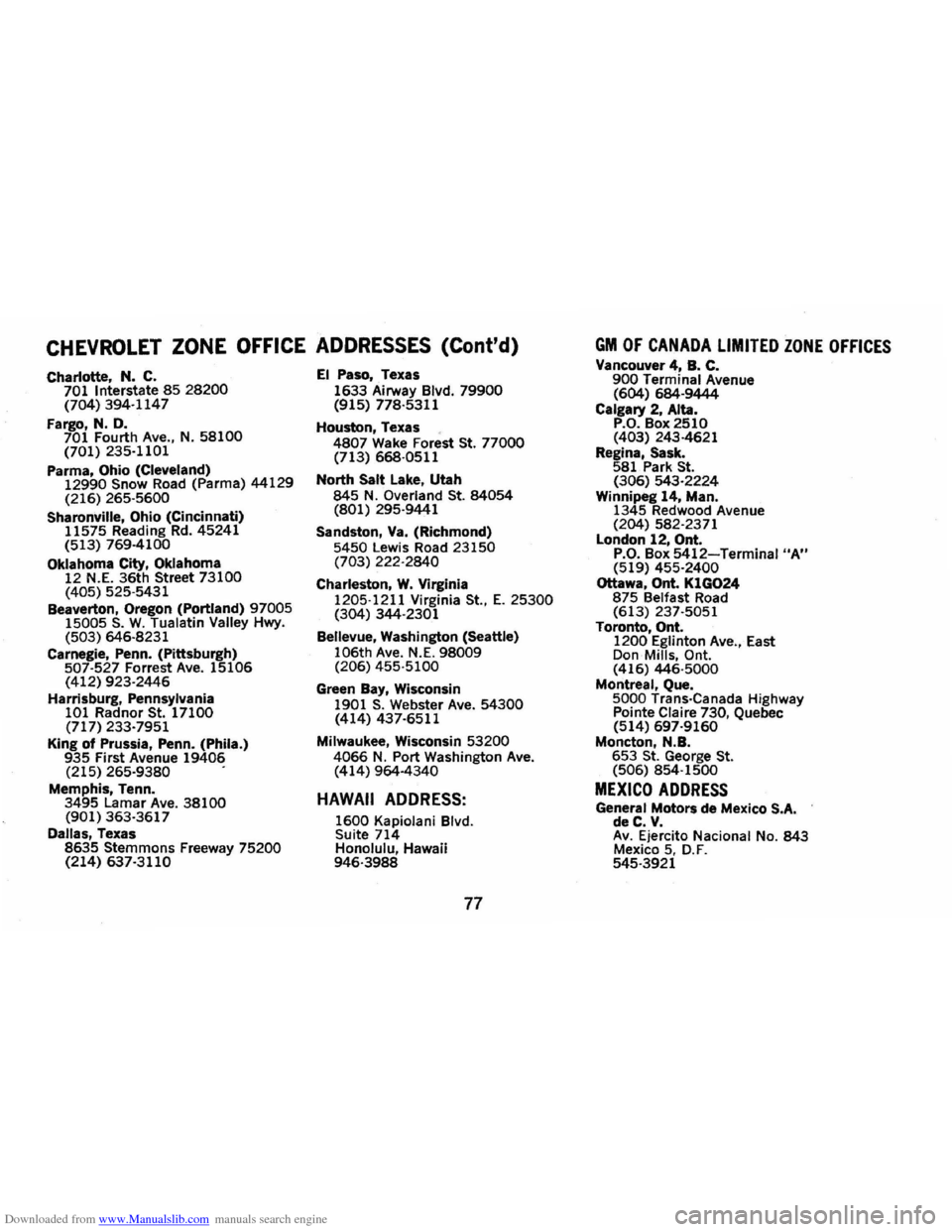 CHEVROLET MONTE CARLO 1973 2.G Owners Manual Downloaded from www.Manualslib.com manuals search engine CHEVROLET ZONE OFFICE ADDRESSES (Contd) 
Charlotte, N. C. 701 Interstate 85 28200 (704)  394·1147 
Fargo,  N. D. 701 Fourth  Ave., N. 58100 (