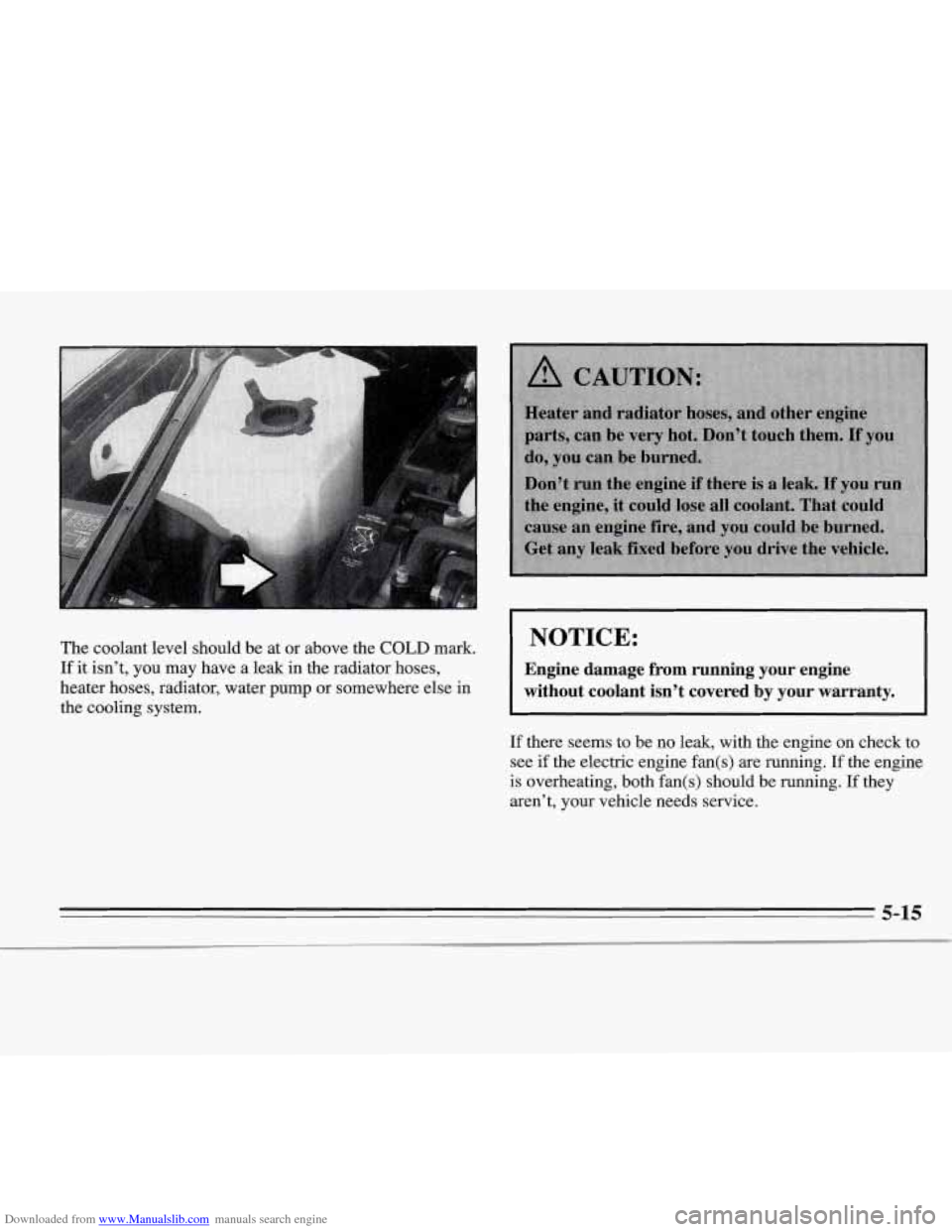 CHEVROLET MONTE CARLO 1995 5.G Owners Manual Downloaded from www.Manualslib.com manuals search engine The  coolant  level  should be at  or  above  the COLD mark. 
If it  isn’t, you may  have  a  leak  in  the  radiator  hoses, 
heater  hoses,