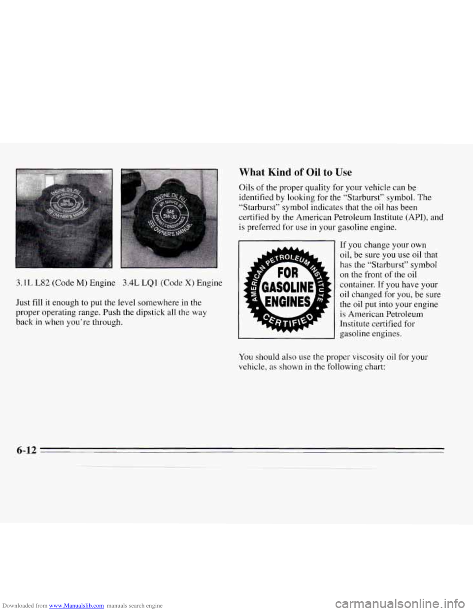 CHEVROLET MONTE CARLO 1995 5.G Owners Manual Downloaded from www.Manualslib.com manuals search engine 3.1 L L82 (Code M) Engine 3.4L LQ 1 (Code X) Engine 
Just  fill  it enough to 
put the level somewhere in  the 
proper operating range. Push th