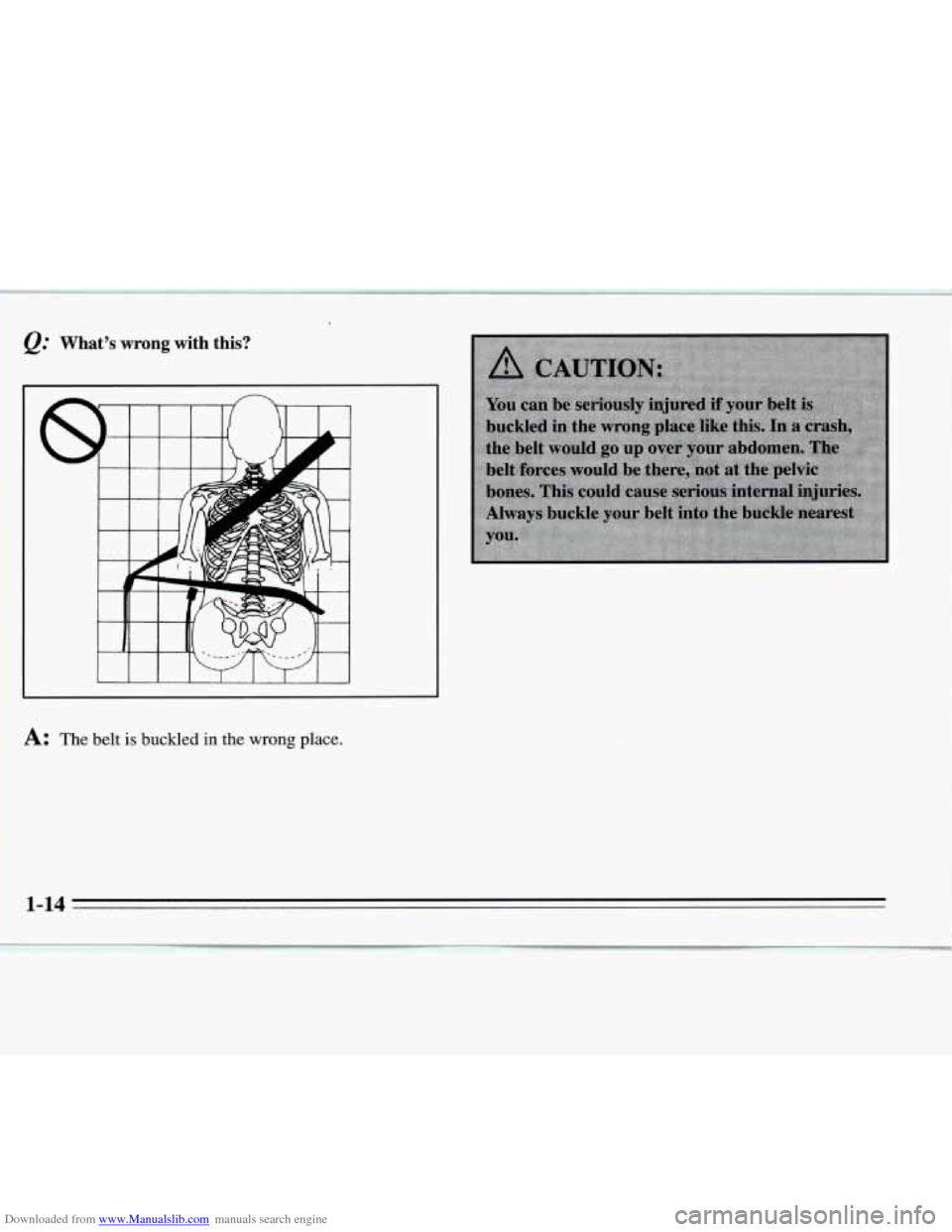 CHEVROLET MONTE CARLO 1995 5.G Owners Manual Downloaded from www.Manualslib.com manuals search engine Q: Whats wrong with this? 
A: The  belt is buckled in the wrong place. 
1-14 
-   