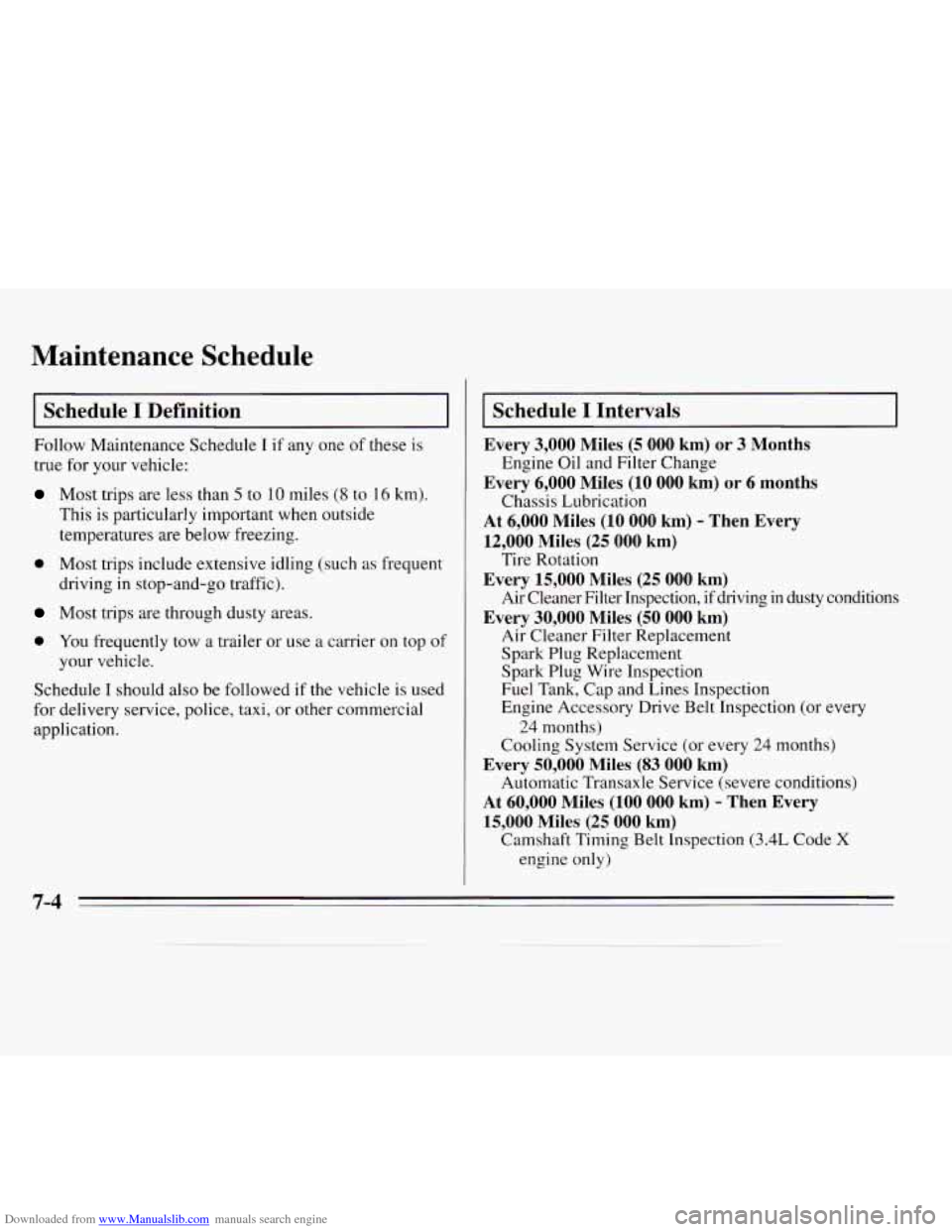 CHEVROLET MONTE CARLO 1995 5.G Owners Manual Downloaded from www.Manualslib.com manuals search engine Maintenance  Schedule 
Schedule I Definition 
Follow Maintenance Schedule I if any one  of these  is 
true  for your vehicle: 
Most trips  are 