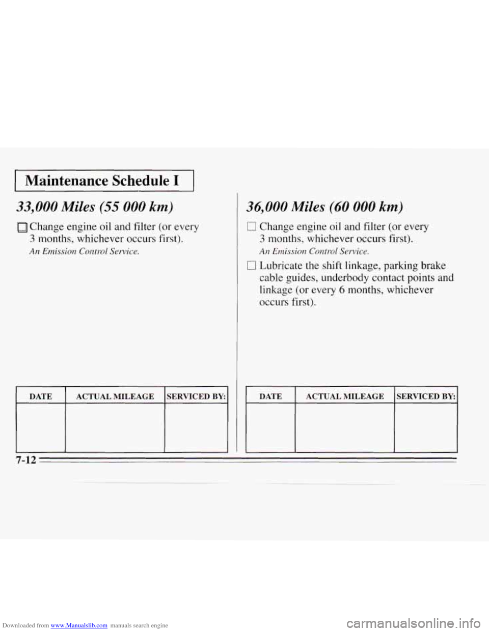 CHEVROLET MONTE CARLO 1995 5.G Owners Manual Downloaded from www.Manualslib.com manuals search engine I Maintenance  Schedule I I 
33,000 Miles (55 000 km) 
Change engine oil and filter (or every 
3 months, whichever occurs first). 
An Emission 