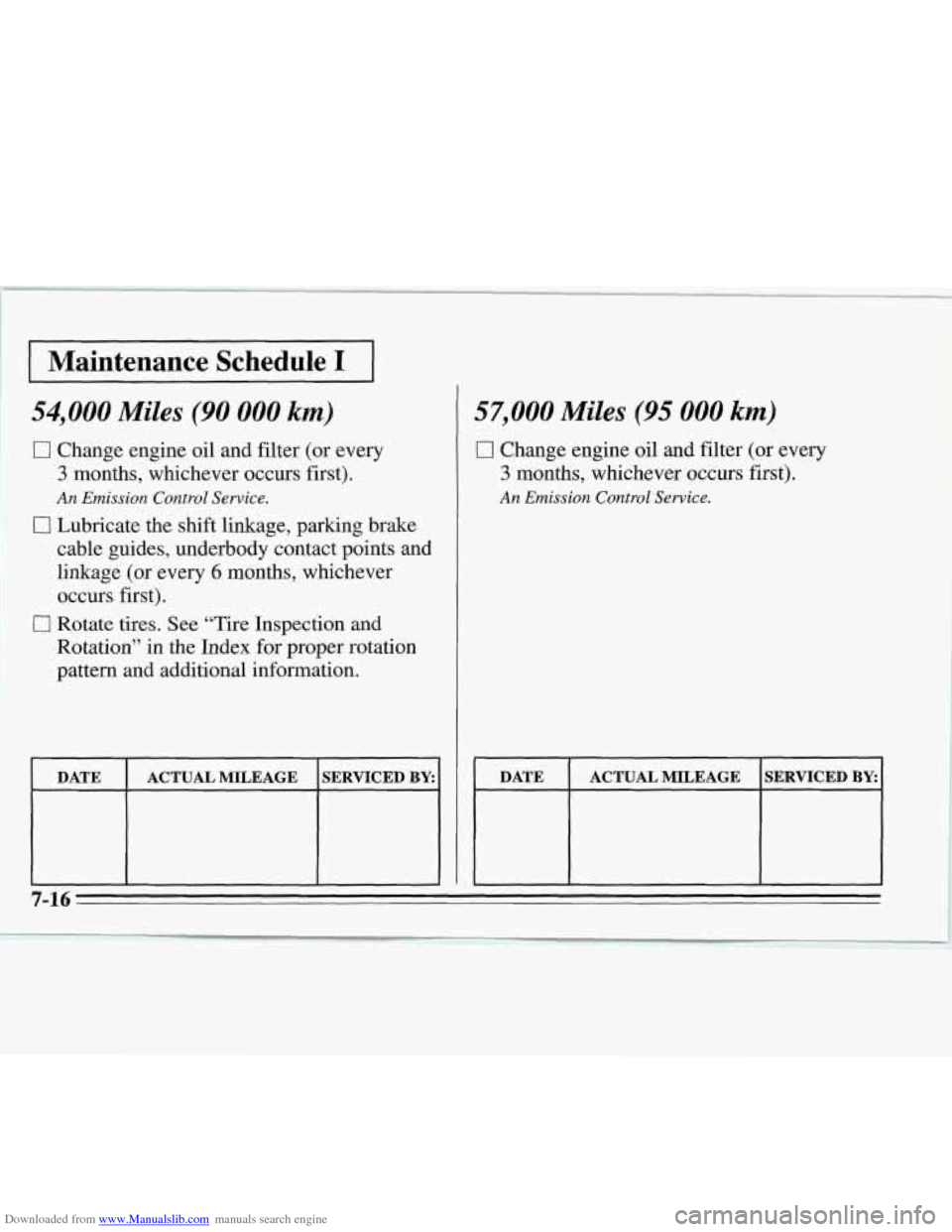 CHEVROLET MONTE CARLO 1995 5.G Owners Manual Downloaded from www.Manualslib.com manuals search engine Maintenance Schedule I 
54,000 Miles (90 000 km) 
0 Change engine oil and  filter  (or  every 
3 months, whichever occurs first). 
An Emission 