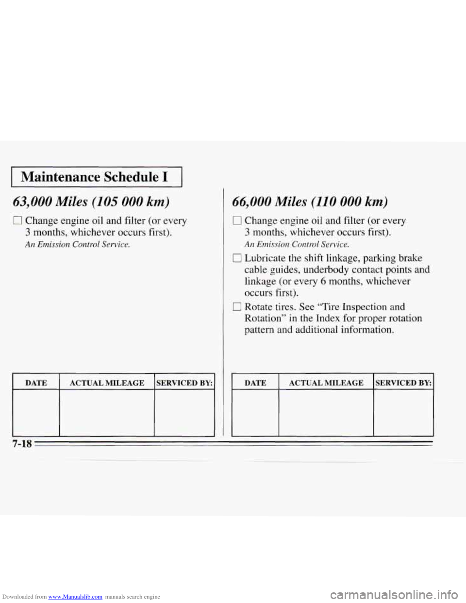 CHEVROLET MONTE CARLO 1995 5.G Owners Manual Downloaded from www.Manualslib.com manuals search engine I Maintenance  Schedule I I 
63,000 Miles (105 000 km) 
0 Change engine oil and filter (or every 
3 months, whichever occurs first). 
An Emissi
