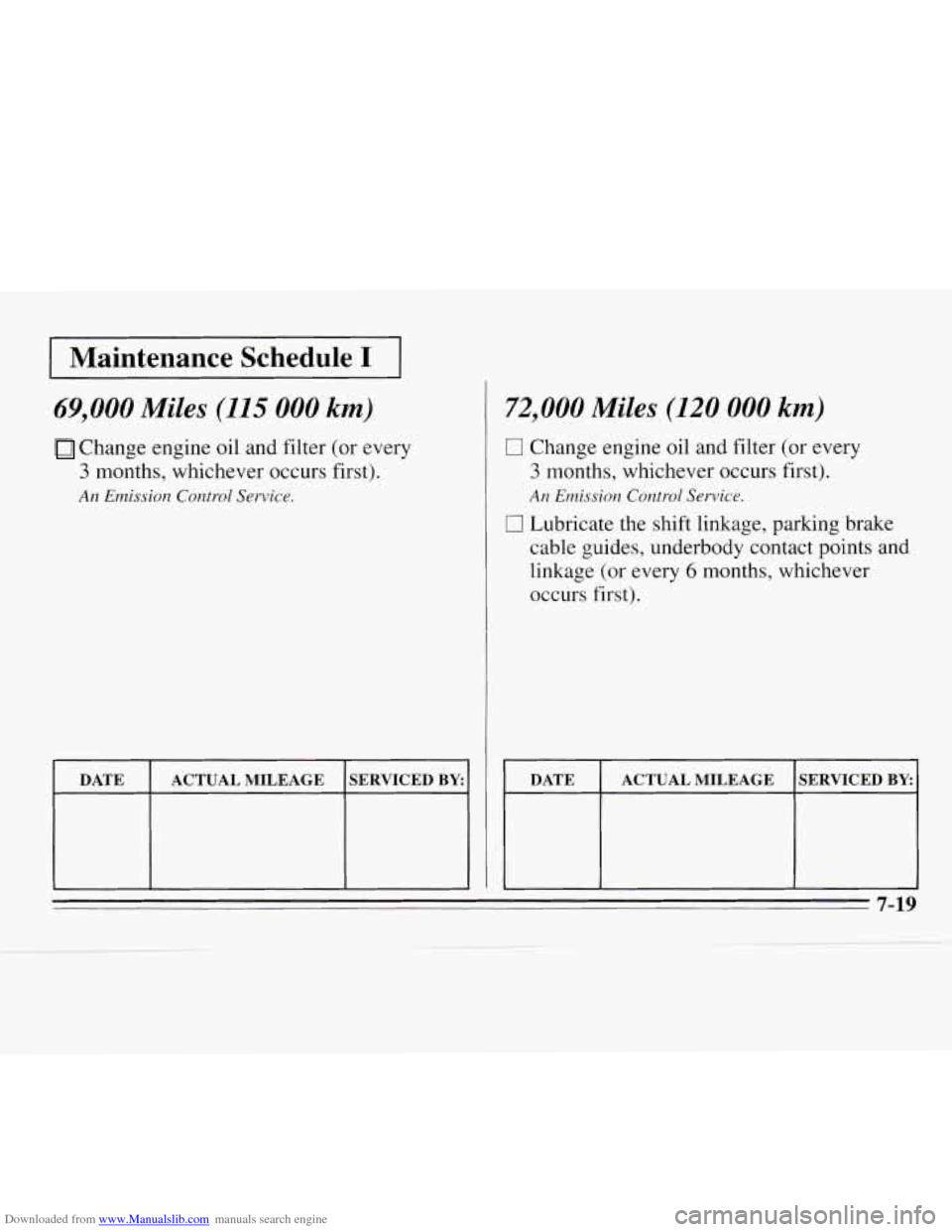 CHEVROLET MONTE CARLO 1995 5.G Owners Manual Downloaded from www.Manualslib.com manuals search engine I Maintenance  Schedule I I 
69,000 Miles (115 000 km) 
Change engine oil and  filter (or every 
3 months, whichever occurs  first). 
An Emissi
