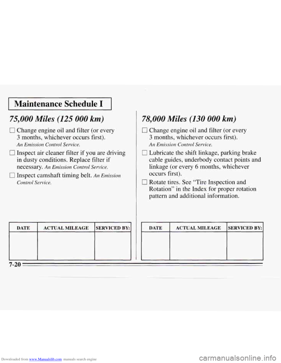 CHEVROLET MONTE CARLO 1995 5.G Owners Manual Downloaded from www.Manualslib.com manuals search engine I Maintenance  Schedule I I 
75,000 Miles (125 000 km) 
0 Change engine oil and filter (or every 
3 months, whichever occurs first). 
An Emissi
