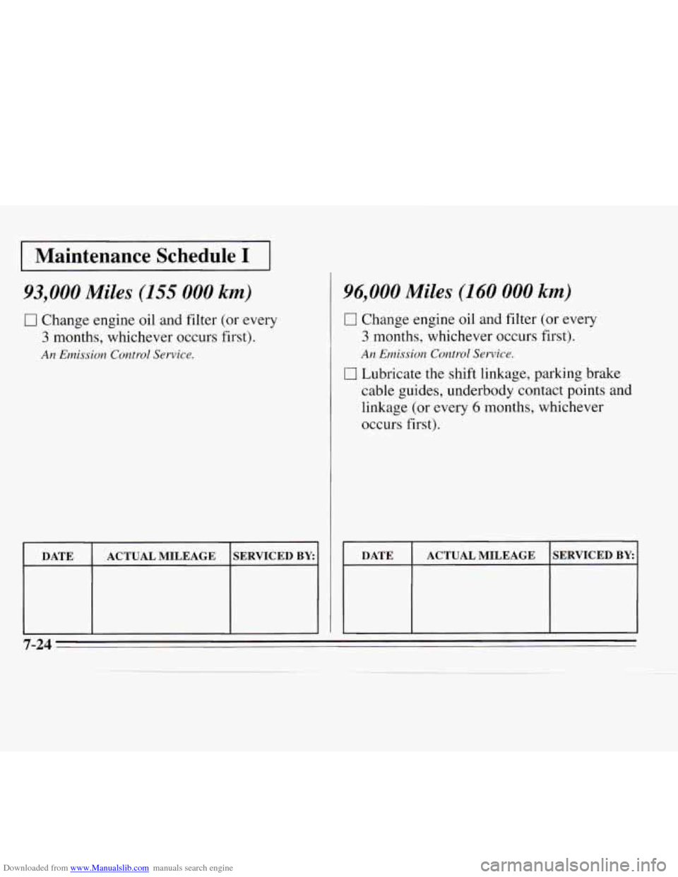 CHEVROLET MONTE CARLO 1995 5.G Owners Manual Downloaded from www.Manualslib.com manuals search engine 1 Maintenance  Schedule I I 
93,000 Miles (155 000 km) 
0 Change engine oil and filter (or every 
3 months, whichever occurs first). 
An Emissi