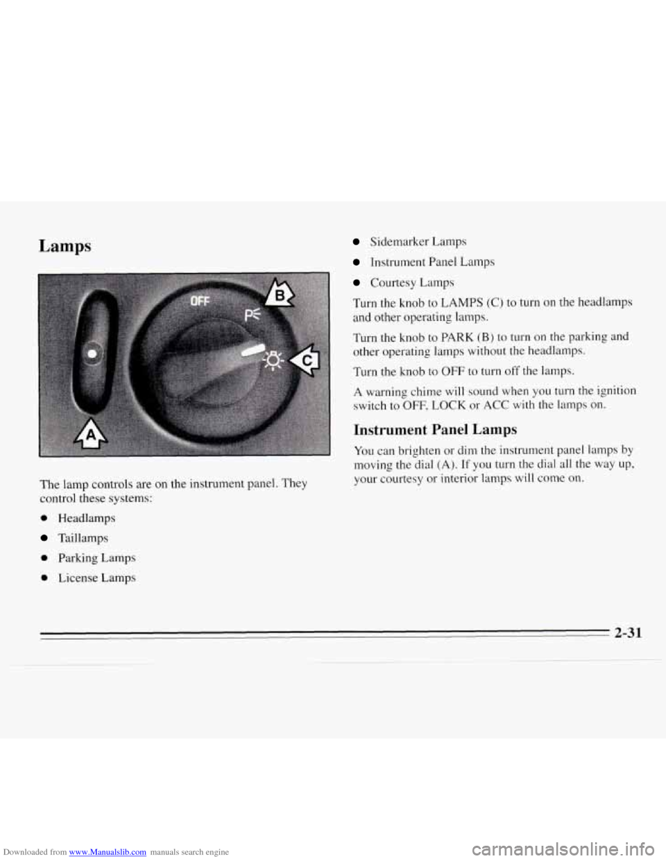CHEVROLET MONTE CARLO 1995 5.G Owners Manual Downloaded from www.Manualslib.com manuals search engine Lamps Sidemarker Lamps 
Instrument  Panel Lamps 
Courtesy Lamps 
Turn the knob 
to LAMPS  (C) to turn  on the headlamps 
and  other  operating 