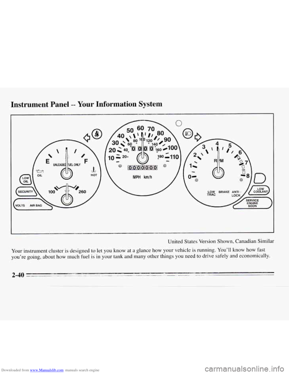 CHEVROLET MONTE CARLO 1995 5.G Owners Manual Downloaded from www.Manualslib.com manuals search engine Instrument  Panel -- Your Information  System 
1 I 
United States  Version Shown, Canadian Similar 
Your  instrument cluster is designed  to  l