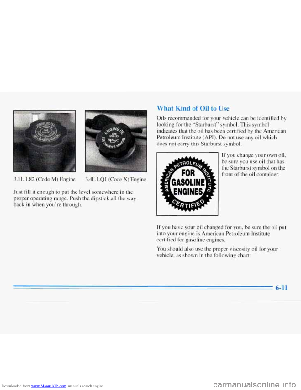 CHEVROLET MONTE CARLO 1996 5.G Owners Manual Downloaded from www.Manualslib.com manuals search engine : Kind of Oil to 
Oils recommended  for your vehicle can  be identified  by 
looking  for the “Starburst”  symbol.  This  symbol 
indicates