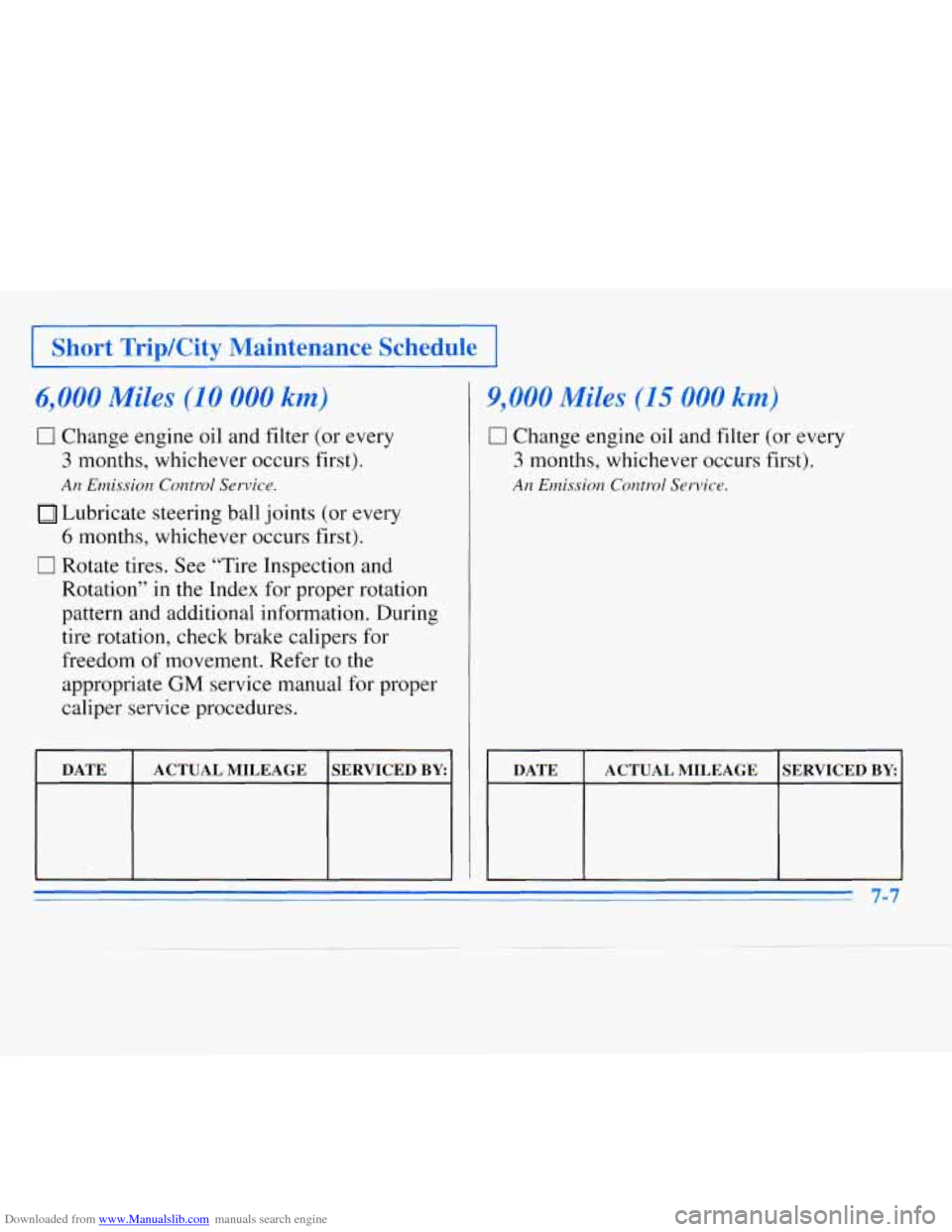 CHEVROLET MONTE CARLO 1996 5.G Owners Manual Downloaded from www.Manualslib.com manuals search engine I Short TripKity Maintenance  Schedule 
6,000 Miles (10 000 km) 
0 Change engine oil and filter (or every 
3 months, whichever occurs first). 
