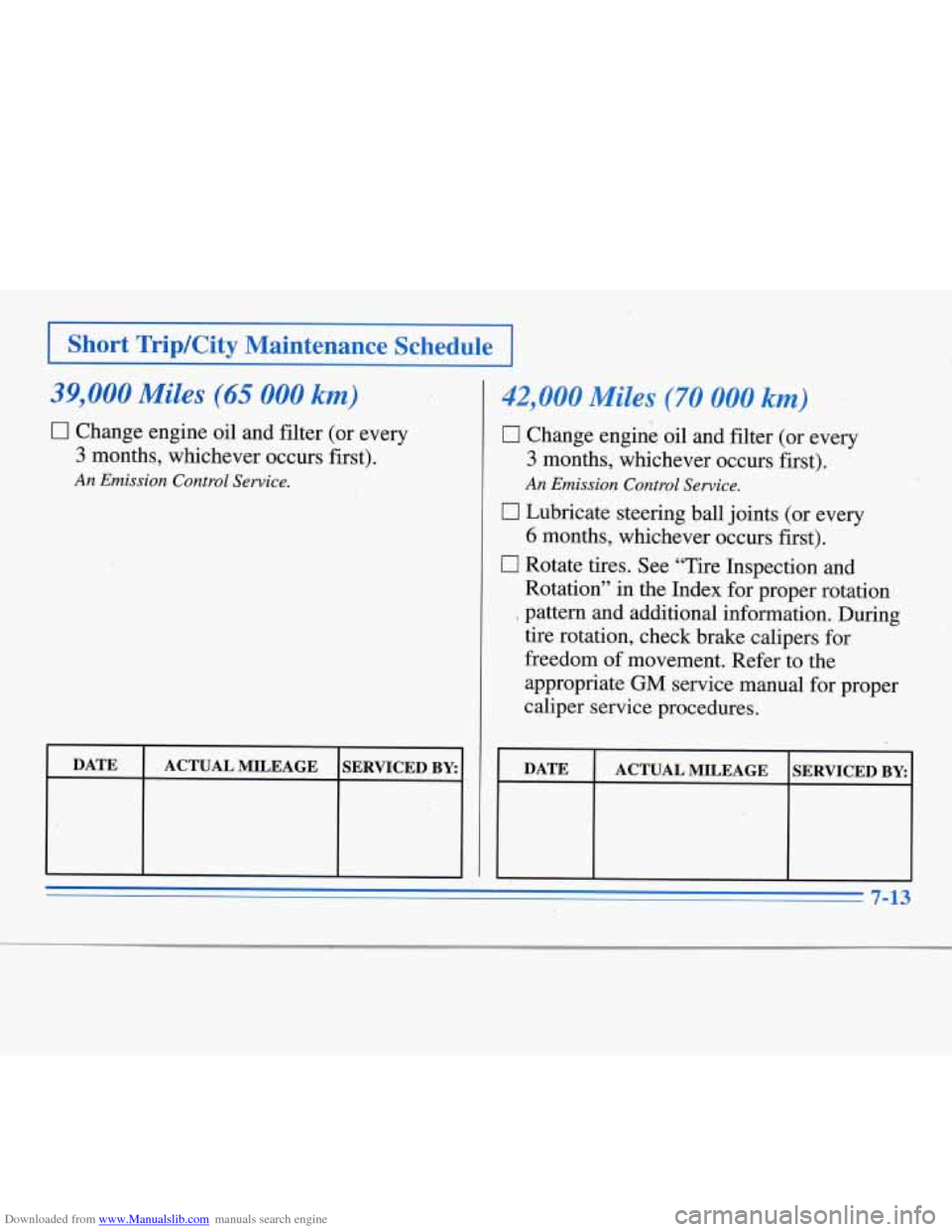 CHEVROLET MONTE CARLO 1996 5.G Owners Manual Downloaded from www.Manualslib.com manuals search engine I Short TripKity  Maintenance  Schedule 
39,000 Miles (65 000 km) 
0 Change  engine  oil and filter (or evefy 
3 months, whichever  occurs firs