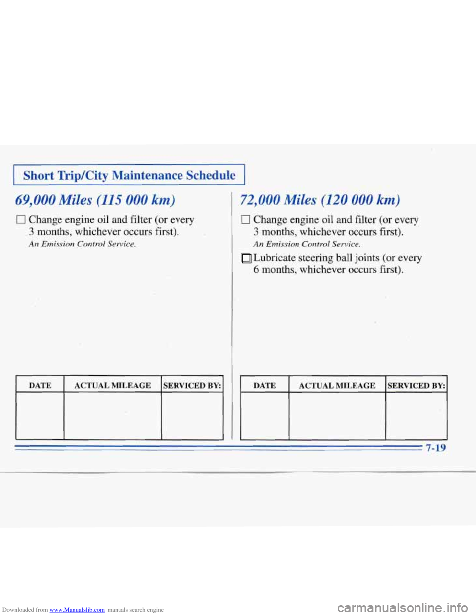CHEVROLET MONTE CARLO 1996 5.G Owners Manual Downloaded from www.Manualslib.com manuals search engine 11 Short TripKity  Maintenance  Schedu 
69,000 Miles (115 000 km) 
17 Change.engine  oil and  filter (or every 
3 months, whichever occurs firs