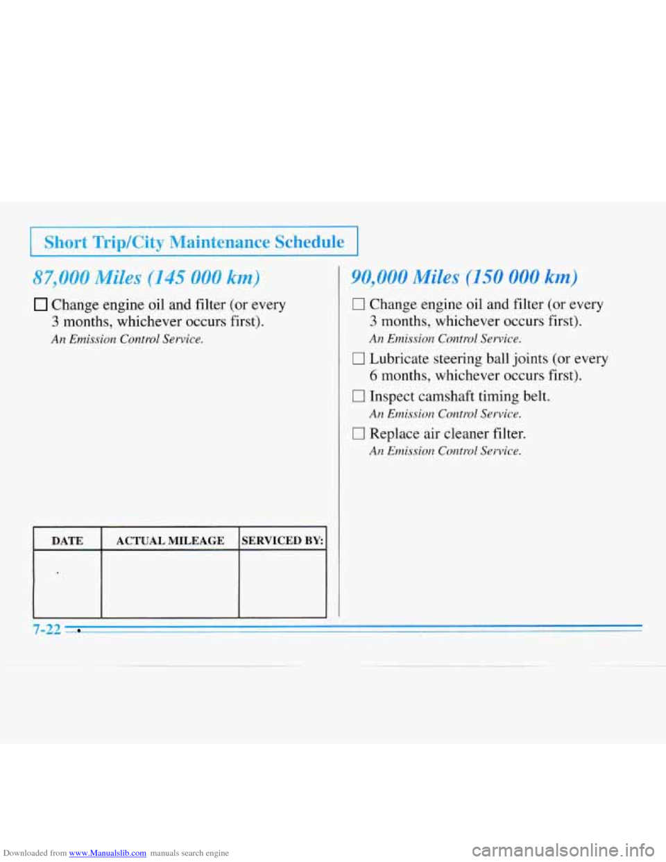 CHEVROLET MONTE CARLO 1996 5.G Owners Manual Downloaded from www.Manualslib.com manuals search engine I Short Trip/City  Maintenance  Schedu .e I 
87,000 Miles (145 000 km) 
Change engine oil and filter (or every 
3 months, whichever occurs firs