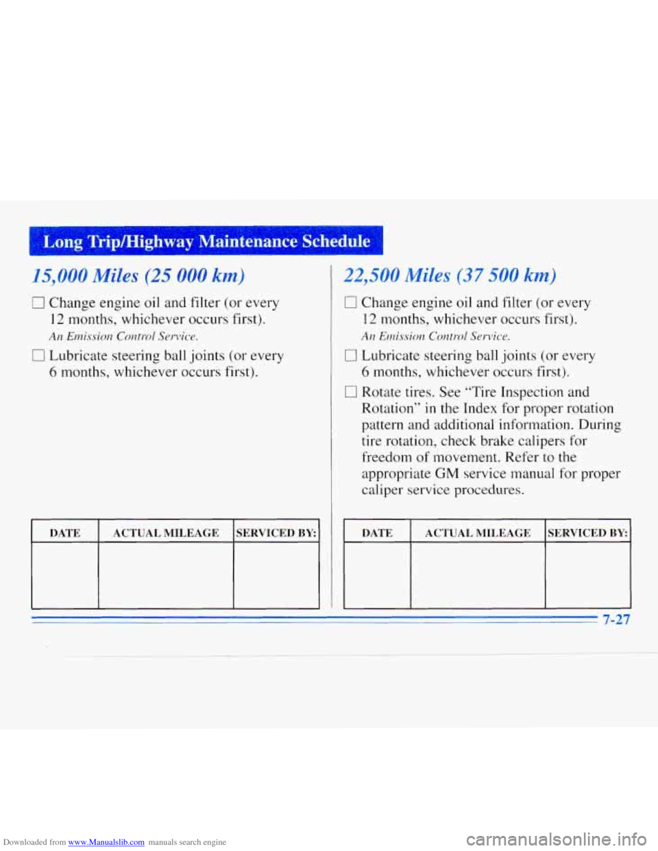 CHEVROLET MONTE CARLO 1996 5.G Owners Manual Downloaded from www.Manualslib.com manuals search engine Long  Trip/Highway  Maintenance c 
15,000 Miles (25 000 km) 
0 Change engine oil and filter  (or  every 
12 months,  whichever  occurs first). 
