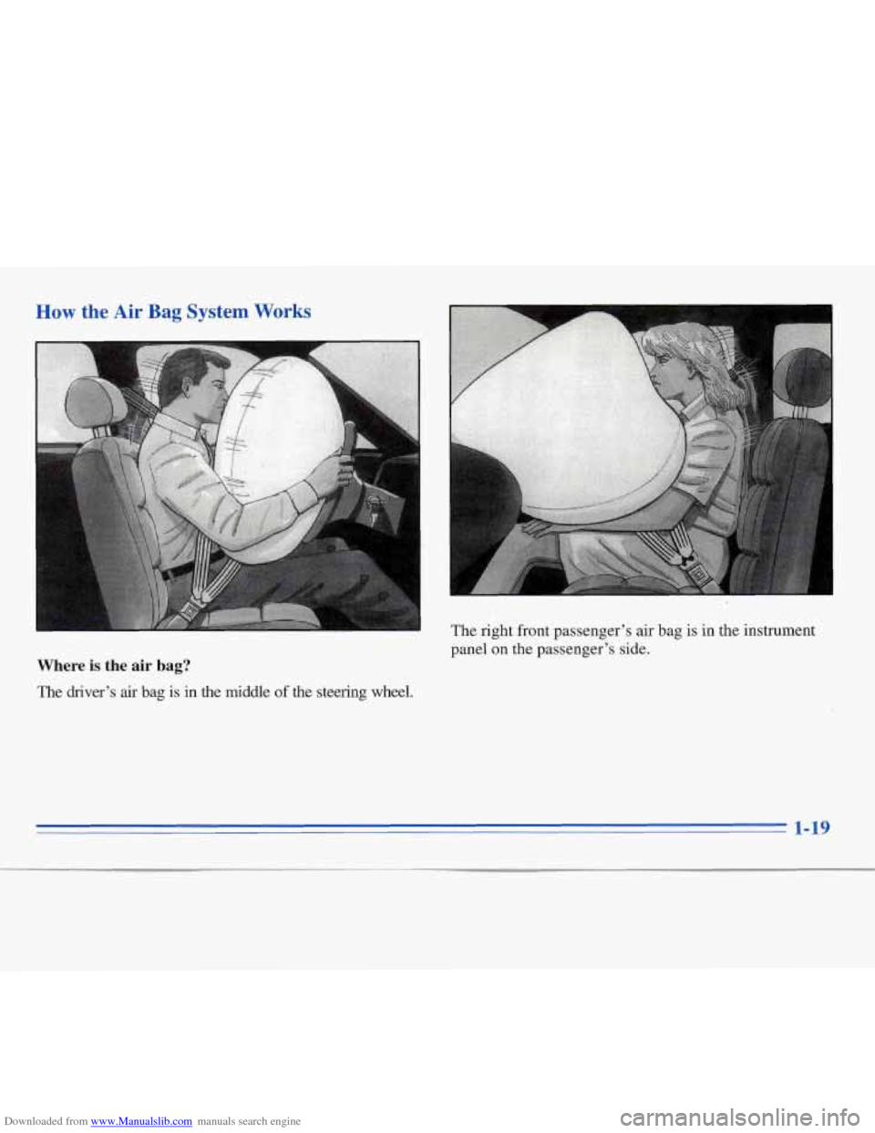 CHEVROLET MONTE CARLO 1996 5.G Owners Manual Downloaded from www.Manualslib.com manuals search engine How the Air Bag System Works 
Where is the air bag? 
The driver’s air bag is in the  middle  of the  steering  wheel.  The 
right  front  pas