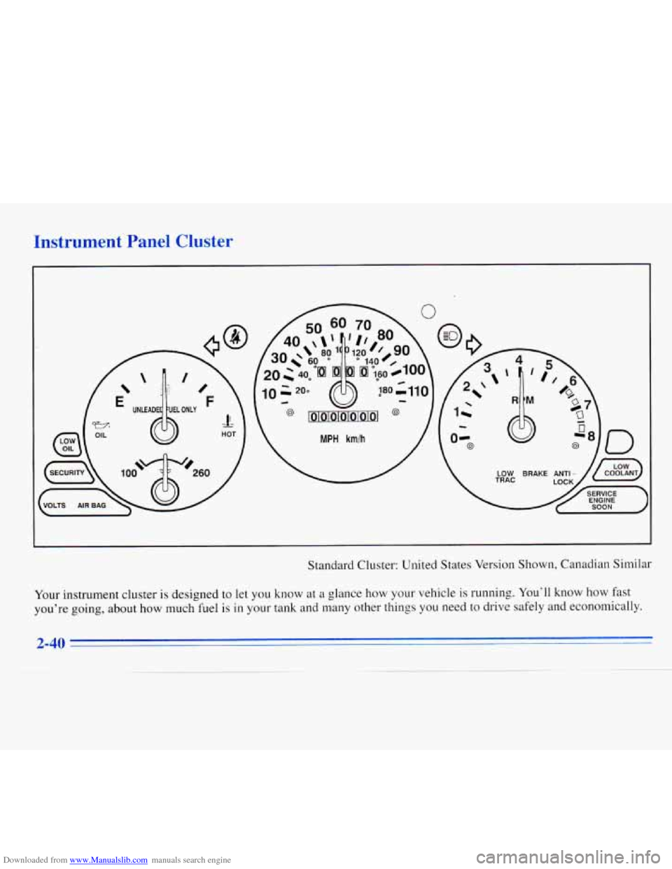 CHEVROLET MONTE CARLO 1996 5.G Owners Manual Downloaded from www.Manualslib.com manuals search engine Instrument  Panel  Cluster 
Standard Cluster: United States Version  Shown, Canadian  Similar 
Your  instrument cluster 
is designed  to  let y
