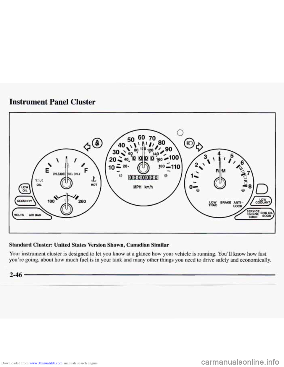 CHEVROLET MONTE CARLO 1997 5.G Owners Manual Downloaded from www.Manualslib.com manuals search engine Instrument  Panel  Cluster 
Standard  Cluster:  United  States  Version  Shown,  Canadian  Similar 
Your instrument cluster  is designed  to  l