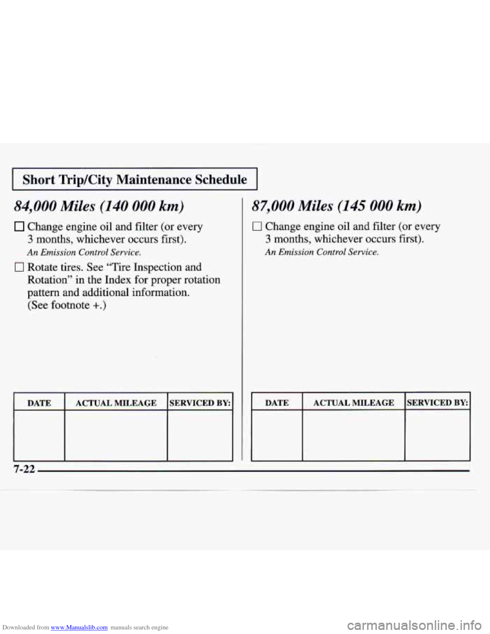 CHEVROLET MONTE CARLO 1997 5.G Owners Manual Downloaded from www.Manualslib.com manuals search engine I Short  Trip/City  Maintenance  Schedule I 
84,000 Miles (140 000 km) 
Change engine oil and filter (or every 
3 months,  whichever occurs fir