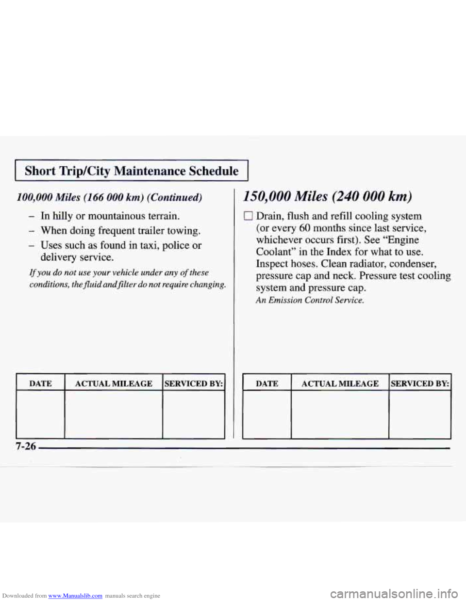 CHEVROLET MONTE CARLO 1997 5.G Owners Manual Downloaded from www.Manualslib.com manuals search engine I Short  TripKity  Maintenance  Schedule I 
100,000 Miles (1 66 000 km) (Continued) 
- In hilly  or mountainous terrain. 
- When  doing frequen