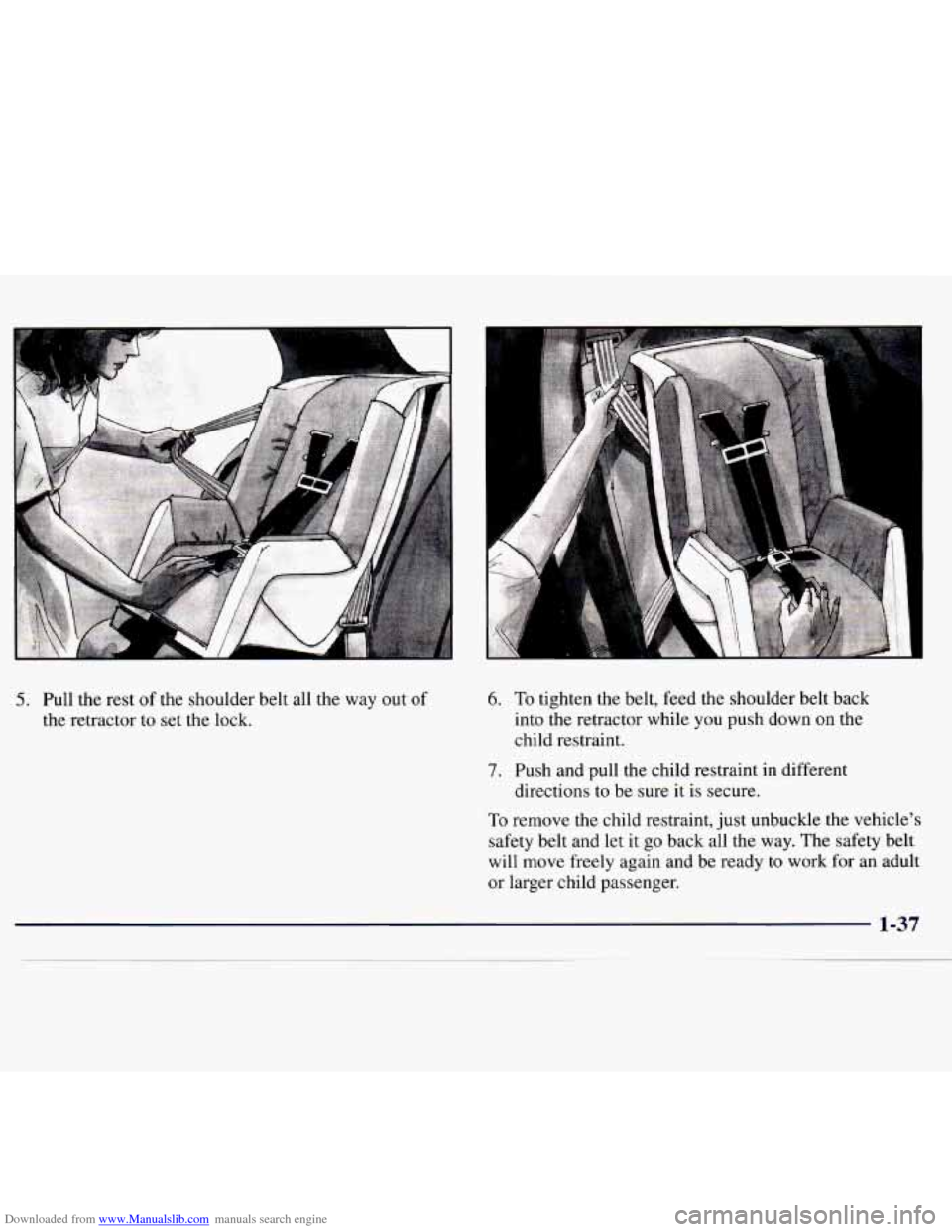 CHEVROLET MONTE CARLO 1997 5.G Owners Manual Downloaded from www.Manualslib.com manuals search engine 5. Pull the rest of the shoulder belt  all  the  way out of 
the retractor  to set the lock. 
6. To tighten  the belt,  feed the shoulder  belt