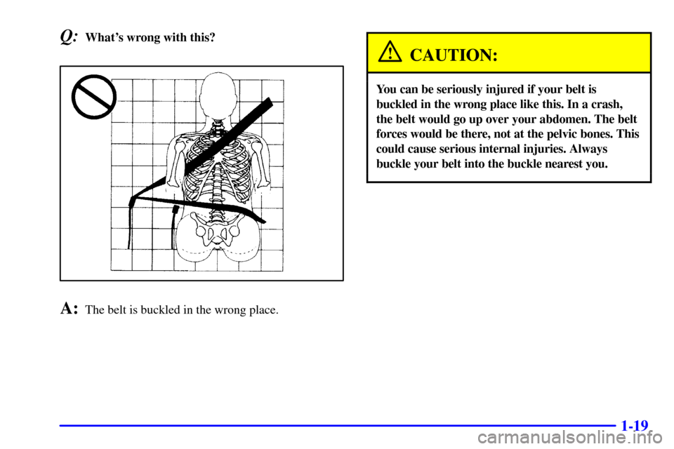 CHEVROLET MONTE CARLO 2002 6.G Owners Manual 1-19
Q:Whats wrong with this?
A:The belt is buckled in the wrong place.
CAUTION:
You can be seriously injured if your belt is
buckled in the wrong place like this. In a crash,
the belt would go up ov