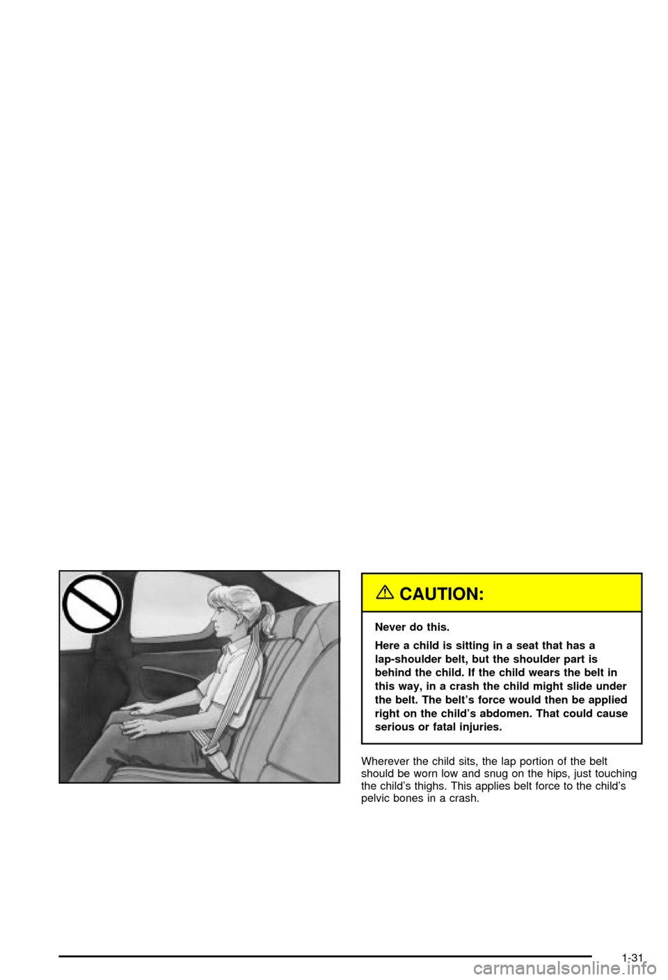 CHEVROLET MONTE CARLO 2003 6.G Owners Manual {CAUTION:
Never do this.
Here a child is sitting in a seat that has a
lap-shoulder belt, but the shoulder part is
behind the child. If the child wears the belt in
this way, in a crash the child might 