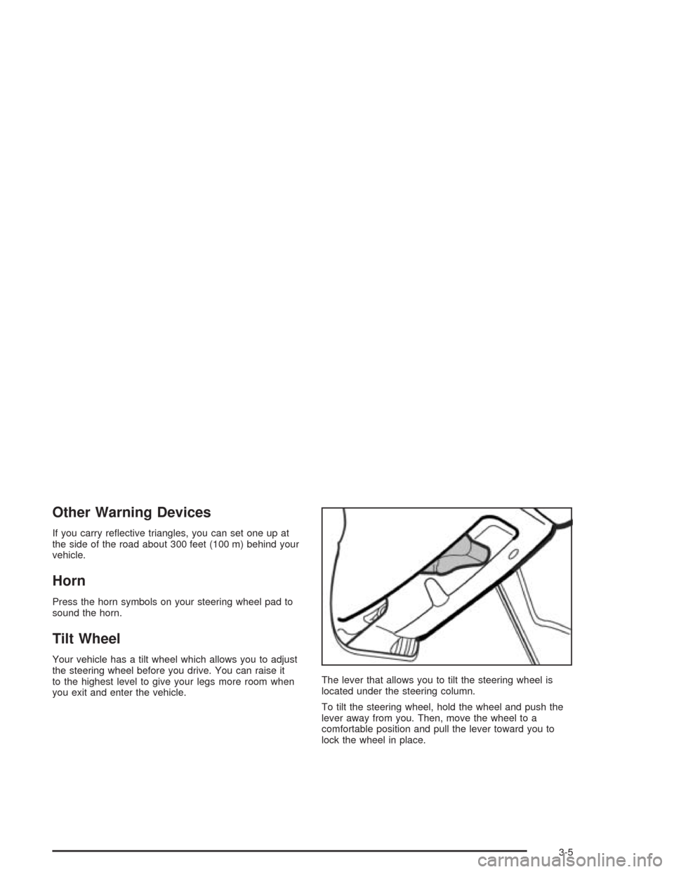 CHEVROLET OPTRA 2004 1.G Owners Manual Other Warning Devices
If you carry reﬂective triangles, you can set one up at
the side of the road about 300 feet (100 m) behind your
vehicle.
Horn
Press the horn symbols on your steering wheel pad 
