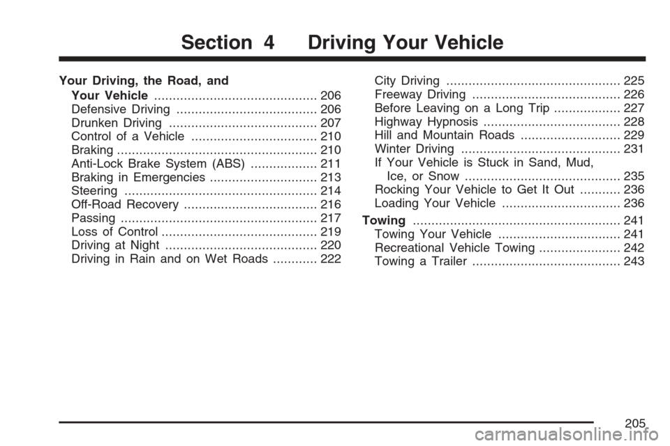 CHEVROLET OPTRA 5 2007 1.G Owners Manual Your Driving, the Road, and
Your Vehicle............................................ 206
Defensive Driving...................................... 206
Drunken Driving....................................
