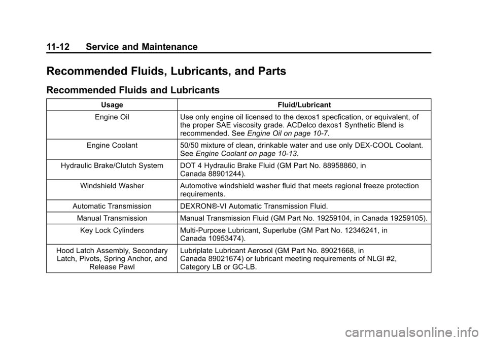 CHEVROLET ORLANDO 2013 1.G Owners Manual Black plate (12,1)Chevrolet Orlando Owner Manual - 2013 - CRC - 6/5/12
11-12 Service and Maintenance
Recommended Fluids, Lubricants, and Parts
Recommended Fluids and Lubricants
UsageFluid/Lubricant
En CHEVROLET ORLANDO 2013 1.G Owners Manual Black plate (12,1)Chevrolet Orlando Owner Manual - 2013 - CRC - 6/5/12
11-12 Service and Maintenance
Recommended Fluids, Lubricants, and Parts
Recommended Fluids and Lubricants
UsageFluid/Lubricant
En