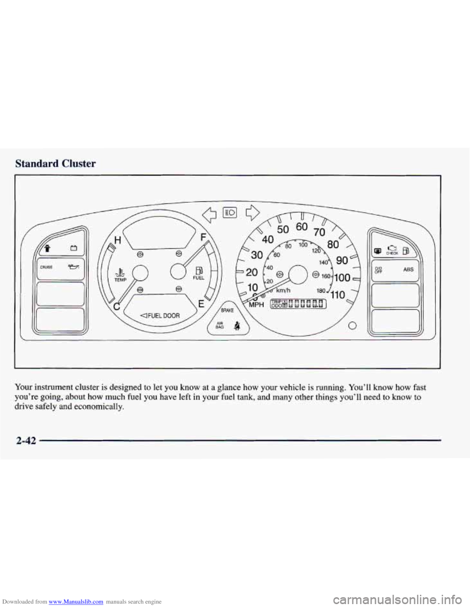 CHEVROLET PRIZM 1998 3.G Owners Manual Downloaded from www.Manualslib.com manuals search engine Standard Cluster 
Your instrument cluster is designed to let  you  know  at  a glance how  your  vehicle is running.  You’ll know how fast 
y